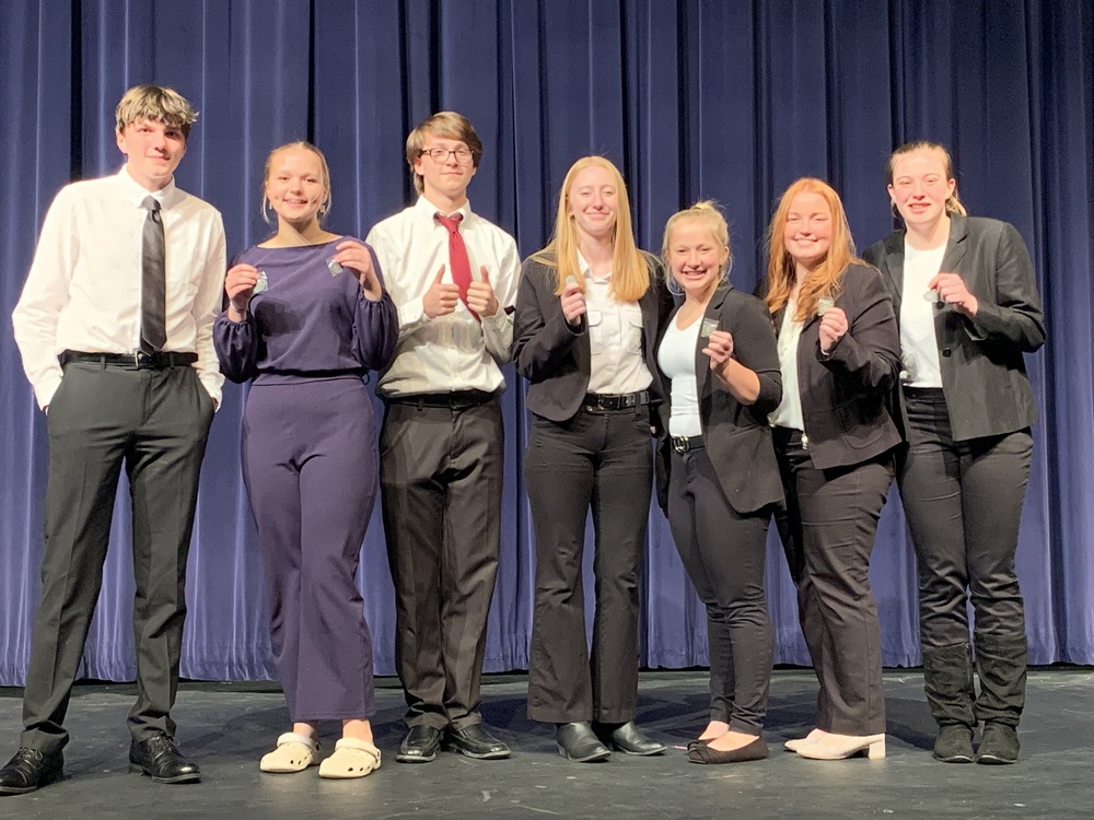 Pictured l. to r. are the Beresford Region Oral Interp Participants: Max Josko, Emma Andrews, Jameson Quimet, Keely Merrigan, Allie Westra, Laney Andrews, and Haley Huot.